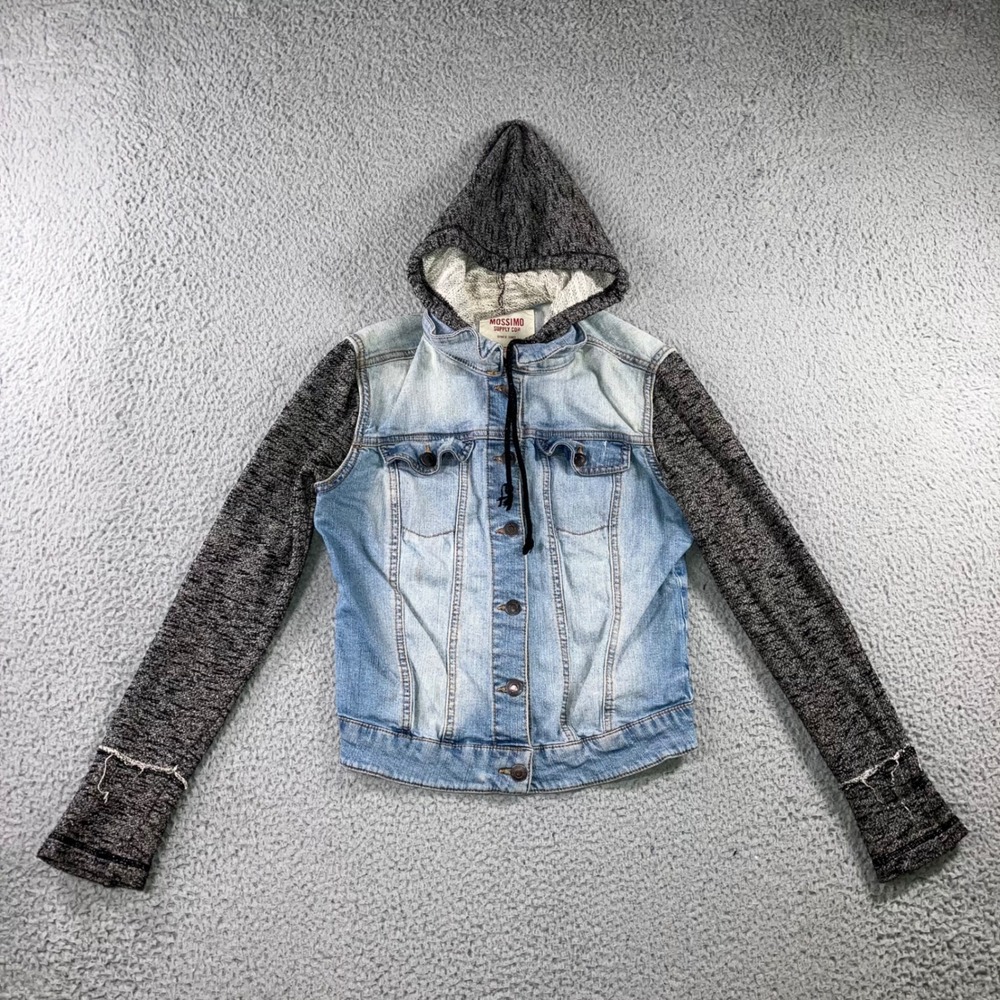 Mossimo Denim Jacket Womens M Hooded Space Dye Marled Gray Sleeve Mixed Media